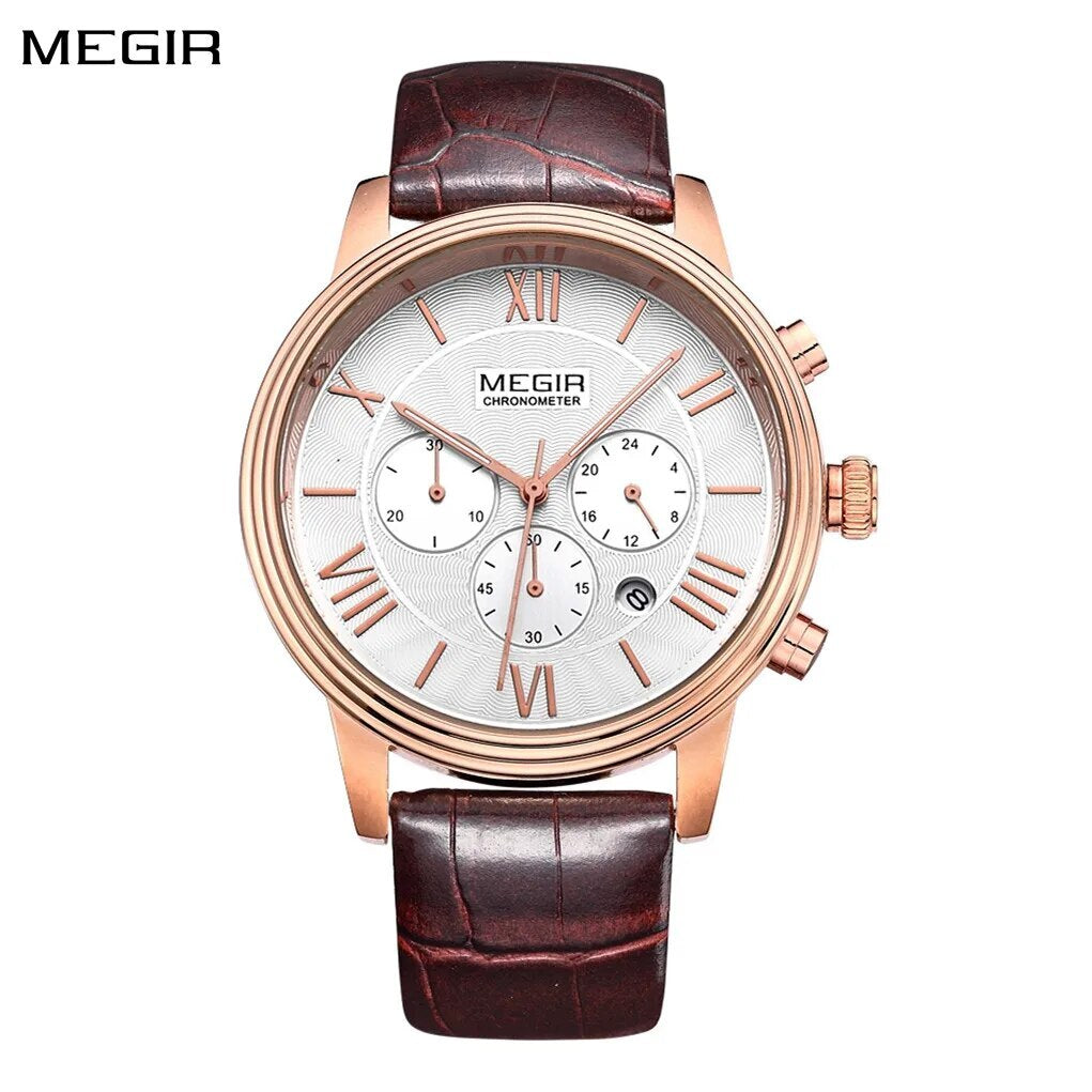MEGIR Brown Retro Sports Quartz Men's Watches Large Dial Chronograph Clock Fashion Multifunctional Men Wrist Watch Montre Homme 2012