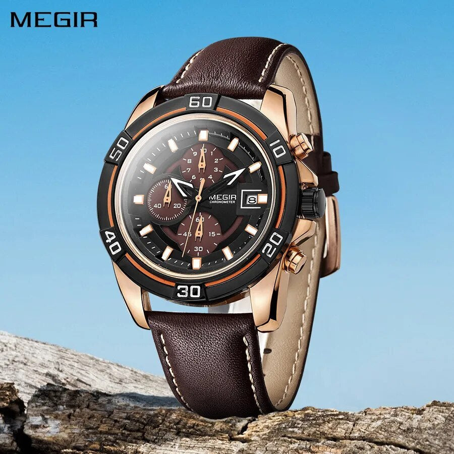 MEGIR Top Brand Fashion Sport Chronograph Watch Men Quartz Leather Wristwatch Waterproof Luminous Man Watches with Date Clock 2023