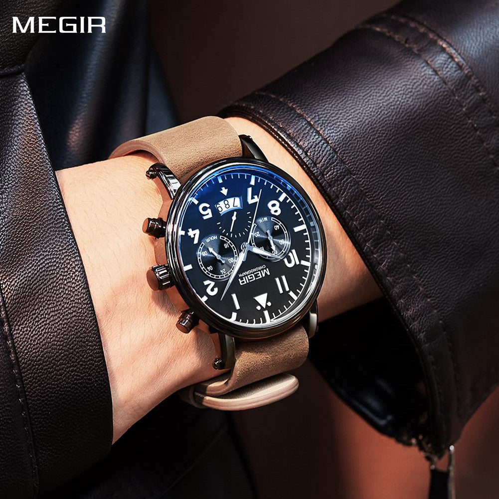 MEGIR Fashion Mens Watches Leather Military Sport Watch Chronograph Luminous Waterproof Quartz Wristwatch Man Clock Reloj Hombre 2149
