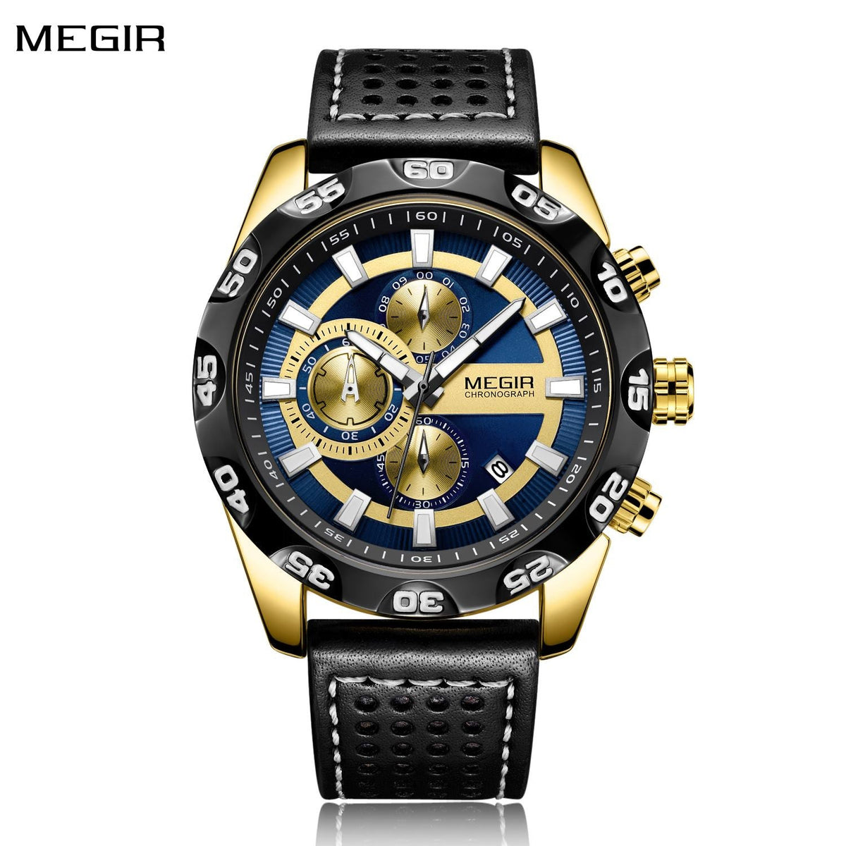 MEGIR Watches Mens Luxury Sports Military Watch Waterproof Luminous Quartz Wrist Watch Leather Casual Man Chronograph Clock 2096