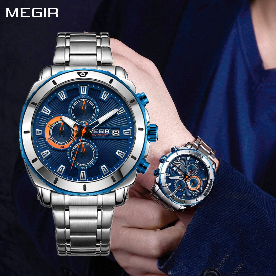 MEGIR Chronograph Quartz Men Watch Luxury Brand Stainless Steel Business Wrist Watches Male Clock Hour Time Relogio Masculino 2075