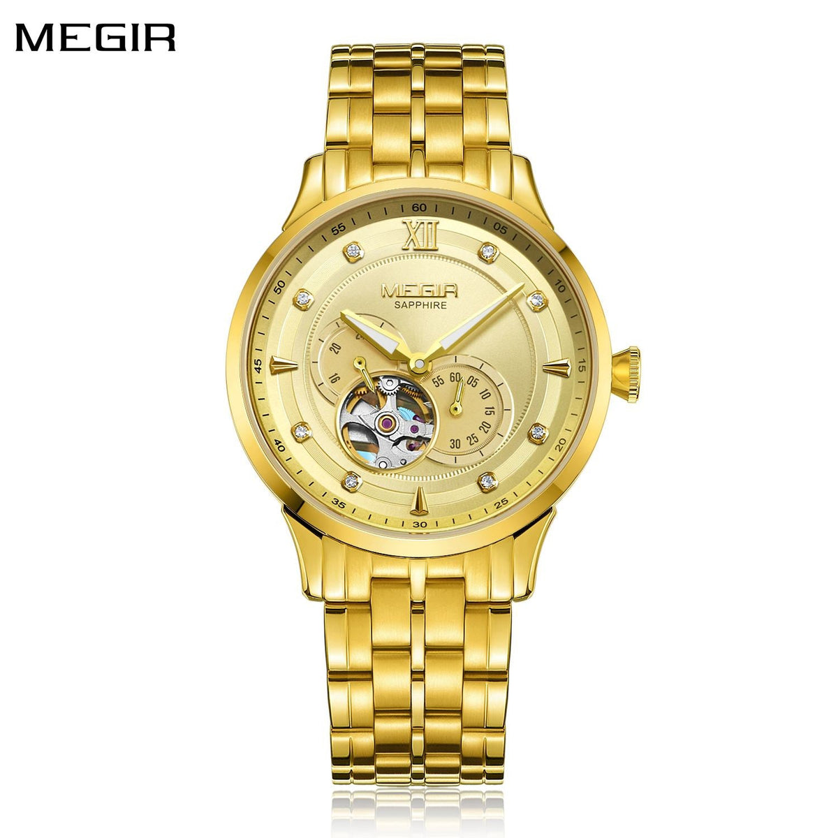 MEGIR Luxury Men Watches Stainless Steel Automatic Mechanical Watch Sapphire Steel Case Business WristWatch Montre Homme 62053